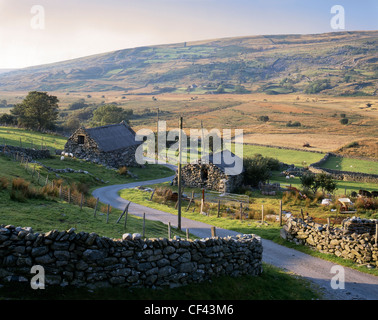 Vue sur les bâtiments de ferme en pierre dans une partie reculée du sud de Snowdonia. Banque D'Images