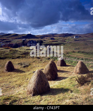 Vue sur le côté traditionnel, se sont réunis des balles de foin vers la communauté d'Lacasaidh éparpillés sur l'île de Lewis. Banque D'Images