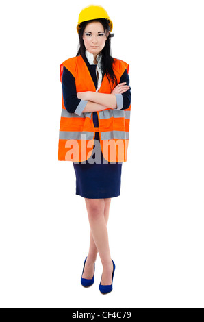 Femme ingénieur en orange gilet et casque jaune Banque D'Images