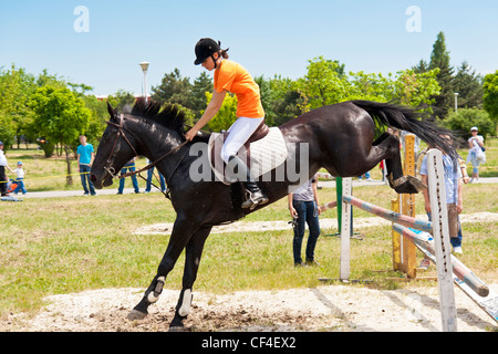 Saut à cheval noir un obstacle dans un saut public show. Banque D'Images