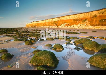 Une vue d'ensemble des rochers des falaises au-delà sur la plage de Hunstanton. Banque D'Images