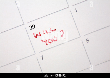 29 février année bissextile avec message voulez-vous? écrit sur le calendrier - proposition d'année bissextile Banque D'Images