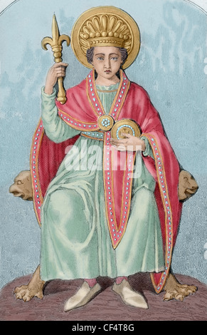 Pépin de Herstal (640-714). Maire du Palais d'Austrasie. Gravure couleur 19ème siècle. Banque D'Images