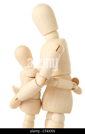 Figures en bois de Faire place au parent de son enfant, la moitié du corps, vue latérale, isolated on white Banque D'Images