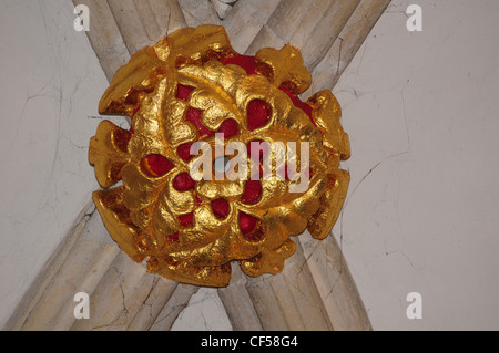 Rouge et Or patron dans la toiture du bas-côté sud, la cathédrale de la Sainte Trinité, Chichester. Banque D'Images