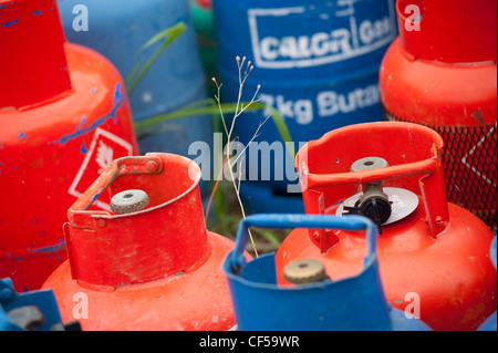 Rouge et bleu calor gas propane et butane des conteneurs. Banque D'Images