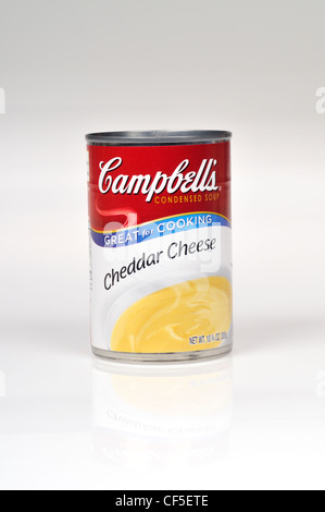 Étain non ouvert de Campbell's soupe au fromage cheddar sur fond blanc découper des USA. Banque D'Images