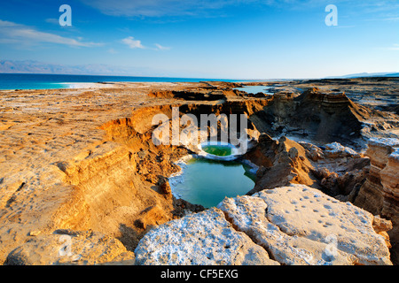 Trous lavabo près de la Mer Morte à Ein Gedi, Israël. Banque D'Images