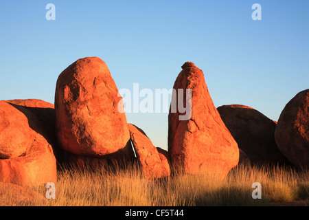 Devils Marbles, formations rocheuses dans le Territoire du Nord, Australie, avec une belle lumière du soir. Banque D'Images