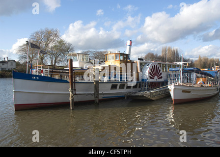 Yarmouth Belle steamboat amarrée le long d'autres bateaux de plaisance sur la Tamise à Kingston upon Thames. Banque D'Images