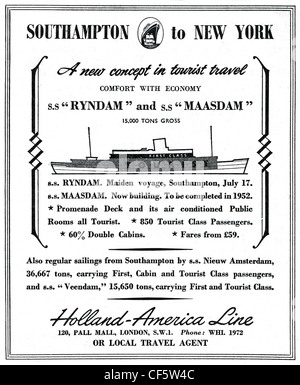 Holland America Line les voyages en bateau de croisière annonce en 1951 Banque D'Images