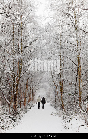 Un couple marche main dans la main le long d'un chemin à travers des arbres couverts de neige. Banque D'Images