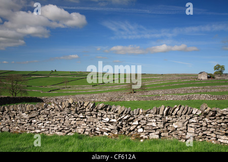 Des boîtiers de terrain et grange à Litton dans le parc national de Peak District. Banque D'Images