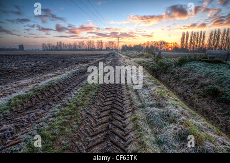 Lever du soleil sur les pistes couvertes de givre le tracteur entre les champs labourés récemment. Banque D'Images