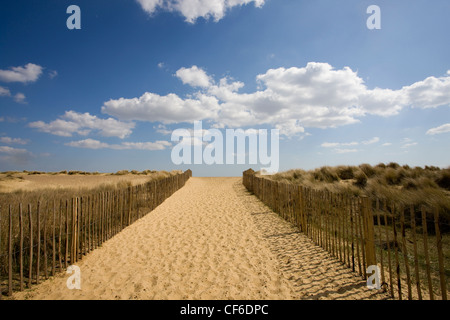 Sentier de sable à travers les dunes de sable à Walberswick beach. Banque D'Images