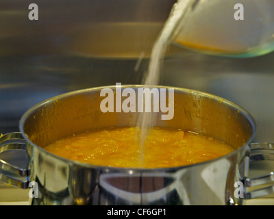 Verser le sucre dans une casserole d'oranges de Séville pour faire de la marmelade Banque D'Images