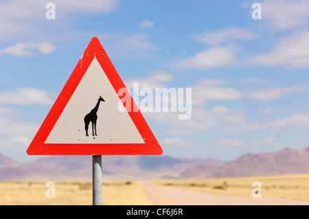 Girafe crossing sign le long d'une route de gravier. La Namibie Banque D'Images