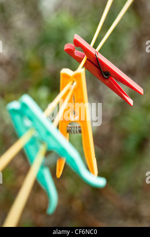 Chevilles sur une corde à linge dans la jardin. Banque D'Images