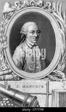 Portrait Vintage print de l'homme d'État américain John Hancock (1737 - 1793) - un éminent leader politique durant la Révolution américaine et président du Deuxième Congrès Continental de 1775 à 1777 et de l'Assemblée de la Confédération de 1785 à 1786. Banque D'Images