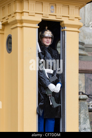 La garde du palais royal suédois (femmes) dans sa guérite, en uniforme et armé d'une mitraillette Banque D'Images