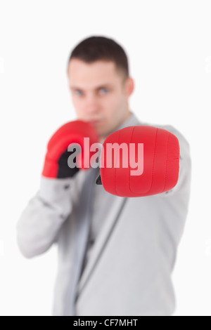 Portrait of a businessman wearing boxing gloves Banque D'Images