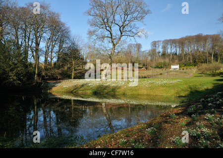 Le lac avec les perce-neige et de l'Exedra, Painswick Rococo Gardens Banque D'Images