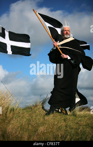 Acteur joue St Piran pour St Piran's Day, sables bitumineux Perran, Broad Oak, Cornwall, UK Banque D'Images