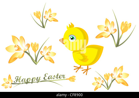 Carte de pâques avec peu de chick et crocus Banque D'Images