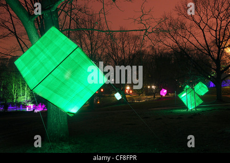 La lumière d'installations artistiques dans le parc Gruga, à Essen en Allemagne. Festival de la lumière en hiver, illumine le parc aux sculptures lumineuses. Banque D'Images