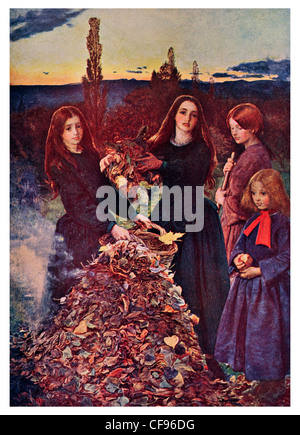 Les feuilles d'automne par Sir John Guille Millais Fille Garçon enfant enfants filles garçons feuilles parc jardin jardinage horticulture râteau de pieux Banque D'Images