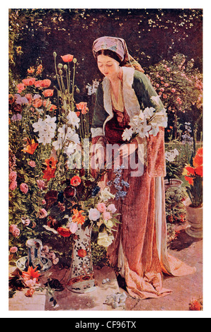 Dans le jardin du Bey par John Frederick Lewis dame femme Méditerranée collecte jardinage fleurs pétale de fleur rose robe période Banque D'Images