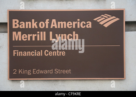 Plaque à l'extérieur de la Bank of America Merrill Lynch Financial Centre sur King Edward Street, London, UK. Banque D'Images