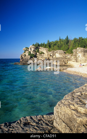 Les nageurs profitez des eaux claires de la baie Georgienne à Indian Head Cove, parc national de la péninsule Bruce, en Ontario, Canada. Banque D'Images