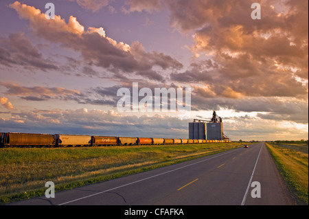 Route à travers les prairies intérieures avec terminal de grain dans l'arrière-plan) près de Estivan, Saskatchewan, Canada Banque D'Images