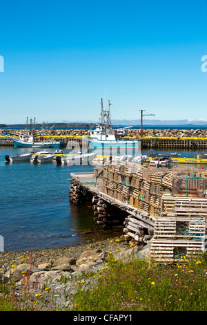 Casiers à homard empilés sur le quai à Green Harbour, Terre-Neuve et Labrador, Canada. Banque D'Images