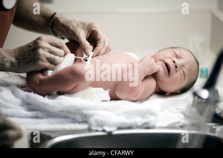 3 day old Baby Boy été lavé pour la première fois dans l'évier à l'hôpital, Châteauguay, Québec, Canada Banque D'Images