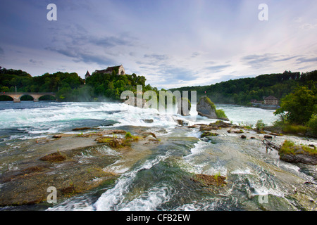 Chutes du Rhin, la Suisse, dans le canton de Schaffhouse, le canton de Zurich, rivière, écoulement, Rhin, cascade, river island, château, Laufen, bridg Banque D'Images