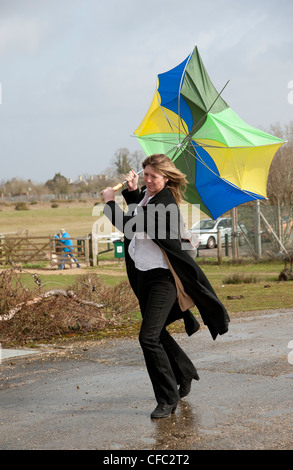 Femme lutte pour garder son parapluie dans un haut vent Banque D'Images