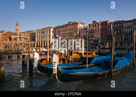 Amarré gondoles de heure d'or lumière sur Grand Canal - Venise, Venezia, Italie, Europe Banque D'Images