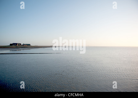 Tôt le matin à Hallig Langeneß avec vue sur le port dans le site du patrimoine mondial de l'mer des wadden de Frise du Nord, Allemagne Banque D'Images