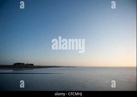 Tôt le matin à Hallig Langeneß avec vue sur le port dans le site du patrimoine mondial de l'mer des wadden de Frise du Nord, Allemagne Banque D'Images