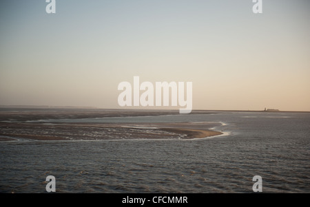 Tôt le matin dans la mer des Wadden, classé au patrimoine mondial de l'UNESCO de Frise du Nord, avec banc de sable et Hallig Langeneß en vue, Allemagne Banque D'Images