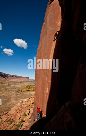 Un jeune homme grimpe dans un grès parfait dans handcrack Indian Creek, Utah, United States of America Banque D'Images