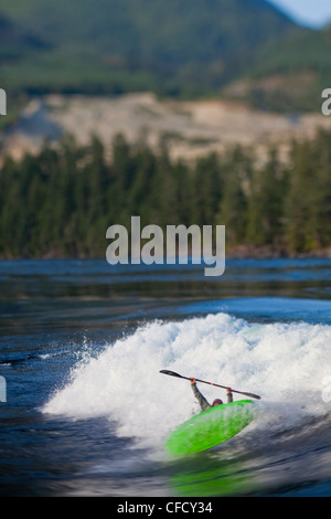 Jeune homme kayak freestyle sur l'océan de Skookumchuk, rapides Skookumchuck Narrows Provincial Park, Egmont, British Columbia, Canada Banque D'Images