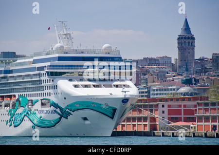 Les bateaux de croisière sur la Corne d'or avec le district de Beyoğlu et au-delà de la tour de Galata, Istanbul, Turquie Banque D'Images