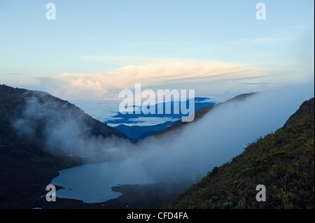 Matin brume sur un lac de sommet du Cerro Chirripó, 3820m, point le plus élevé au Costa Rica, le Parc National Chirripó, Costa Rica Banque D'Images