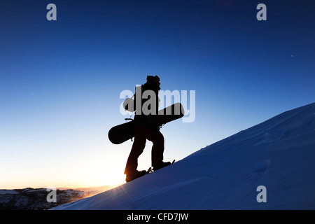 La silhouette d'un planchiste de la raquette au lever du soleil dans la Sierra Nevada, près du lac Tahoe, en Californie. Banque D'Images