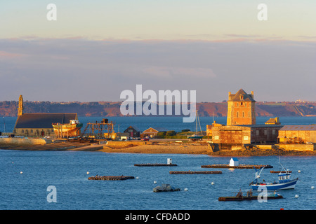 Bateau de pêche, la tour Vauban, Notre Dame de Rocamadour, Camaret sur Mer, presqu'île de Crozon, Finistère, Bretagne, France, Europe Banque D'Images