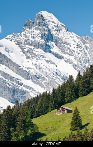 Massif de Jungfrau et Swiss Chalet près de Murren, Région de la Jungfrau, en Suisse, en Europe Banque D'Images