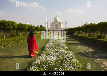 Femme en sari walking in Mehtab Bagh avec Taj Mahal en arrière-plan, l'UNESCO World Heritage Site, Agra, Uttar Pradesh, Inde, Asie Banque D'Images